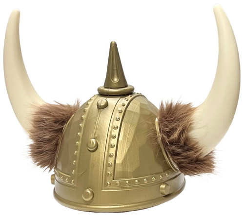 Plastic Viking Helmet. This gold plastic helmet features attached off white plastic horns with brown faux fur trim. One size fits most adults and older teens.
