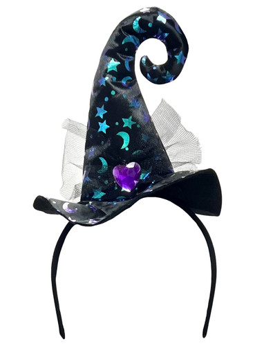 Iridescent Witch Mini Hat Headband. This black headband features an attached black, curved, mini witch hat with iridescent foil embellishments of stars, crescent moons, and tiny circles, accented with a black mesh bow with a purple heart acrylic gem. Hat measures about 6.5in. One size fits most.