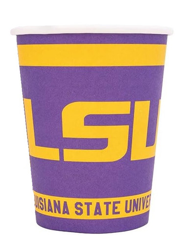 LSU Paper Cups. These purple disposable paper cups feature a blank yellow stripe along the top and another yellow stripe along the bottom with "LOUISIANA STATE UNIVERSITY" in purple text. "LSU" in larger yellow letters wraps around half of one side of the cups along the middle. Package includes 20 count cups measuring about 3.5in tall, 9oz.