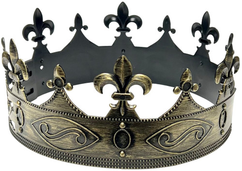 Plastic Crown - Gold. This black, rustic looking plastic crown has points made of fleur de lis and details etched into the rim, with shimmery gold paint brushed on the outside. Made of 2 plastic segments measuring about 13in that fit together, the size is slightly adjustable from 7.25in - 8.25in in diameter. Measures 3.5in tall. Some assembly required. One size fits most.