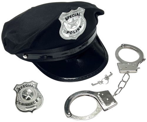 Police Costume Set. This set features a black fabric police hat with a silver sewn on badge, a set of prop metal handcuffs and keys, and a silver tone metal "SPECIAL POLICE" badge with a safety pin back. One size fits most adults and older teens.