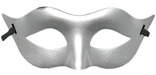 Plastic Eye Mask - Silver. This lightweight, silver, plastic mask includes a black elastic band. Measures 3in x 8.5in. One size fits most.