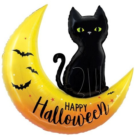 Halloween Cat & Moon Balloon. This uniquely shaped balloon features "Happy Halloween" in black text along an orange and yellow crescent moon shape with a black cat sitting on top. Balloon is approximately 41 inches after inflation.