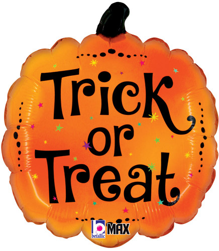 Trick or Treat Pumpkin Balloon. This orange pumpkin shaped balloon features "Trick or Treat" in black text. Balloon is approximately 18 inches after inflation.