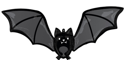 Batty Bat Balloon. This balloon is shaped like a black bat with wide outstretched wings and a cute smile. Balloon is approximately 42 inches after inflation.