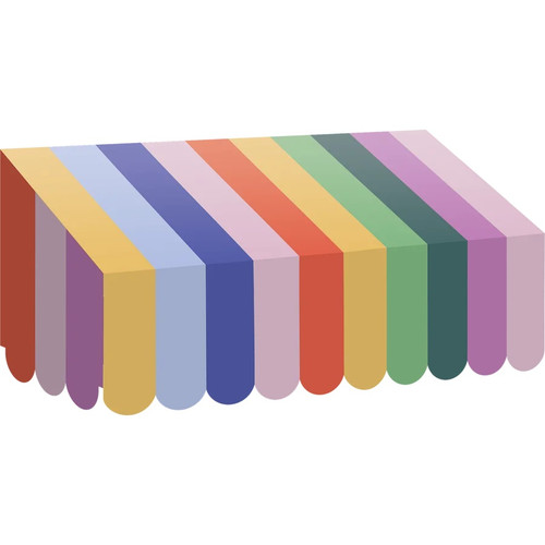 Color Crush Stripes Awning. This printed cardboard material features a multicolor pattern of stripes with a scalloped edge. There are three notches on the back for hanging. Some assembly required. Measures 24in long x 12.5in high x 8in in dimension.