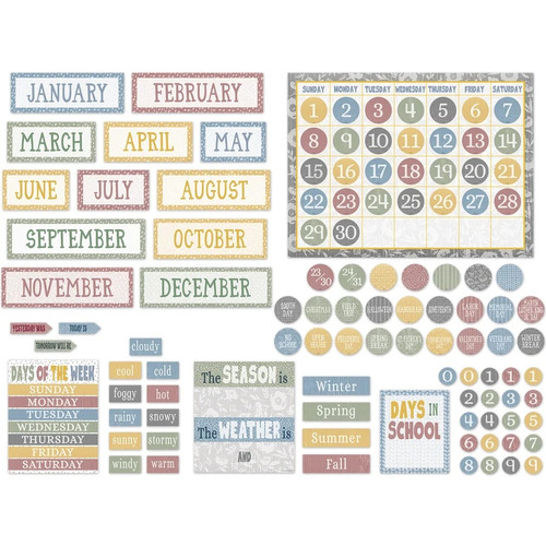 Bulletin Board Display Set - Calendar Classroom Cottage. This set includes easy to read pieces for numbers, months, days of the week, seasons, weather, and holidays, as well as a countdown of school days, all with charming floral patterns and muted colors. Blank calendar measures 24in x 18in. Includes 111 total pieces.