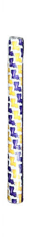 Purple and Gold Louisiana Paper Tablerunner. This printed paper table runner features a white background with a pattern of purple and deep yellow silhouettes of Louisiana with a painterly style. Measures 20in x 12ft.