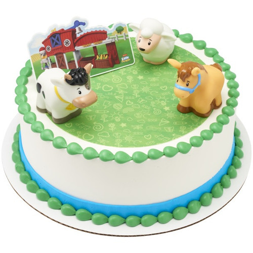 Fisher Price Little People Barnyard Decoset displayed on an example cake.