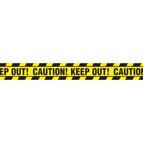 Caution Keep Out Tape. Bright yellow with black lines diagonally along the edges, this plastic tape features "CAUTION! KEEP OUT!" repeating in black text. Measures 2.5in x 20ft.