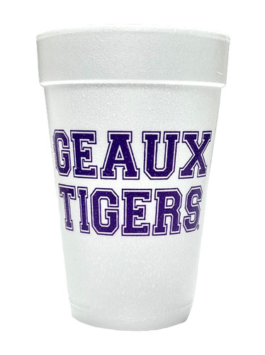 Geaux Tigers Styrofoam Cups. These white styrofoam cups feature "GEAUX TIGERS" in a collegiate font in purple ink on both sides. Package includes 10 – 16oz cups.