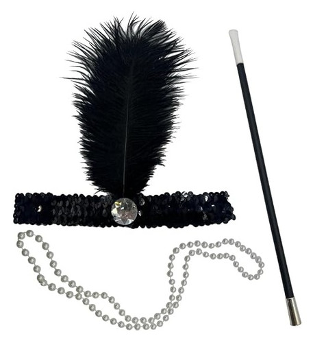 20's Flapper Accessory Set. Package includes 1 black sequin headband with black feather and clear acrylic gem, 1 white plastic pearl necklace, and 1 fake cigarette holder prop measuring 12.5in. One size fits most.