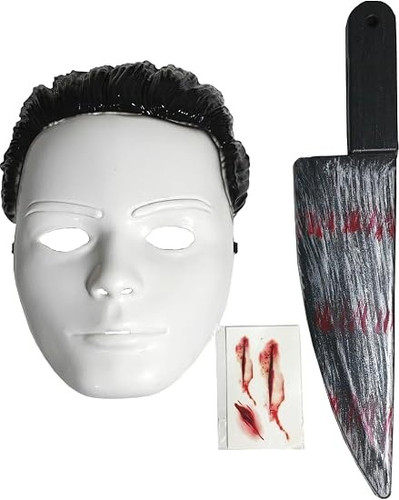 Killer Mask & Knife Set. This set includes an eerie white plastic mask of an expressionless face with attached black plastic hair, a large plastic knife with a black handle and streaks of red (measuring 15.75in), and a set of temporary tattoos of bloody wounds. One size fits most teens and adults.