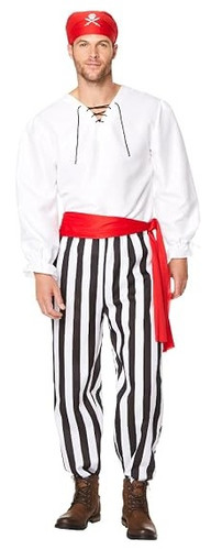 Pirate Matey Adult. This polyester costume features a red headscarf with a white skull and crossed swords, a white top with black laces and long sleeves, black and white striped trousers, and a red waist sash. Boots not included. Available in adult sizes Small, Medium, Large, and X Large.