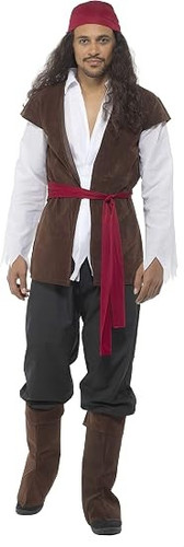 Seven Seas Pirate Adult. This polyester costume features a red headscarf, a matching red waist sash, a white top with long sleeves tattered on the ends, black trousers, a brown waistcoat, and matching brown boot covers. Shoes not included. Available in adult sizes X Small, Small, Medium, Large, X Large, 2X Large, and 3X Large.