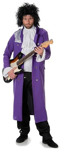 Purple Pop Icon Adult. This polyester costume features a purple jacket with attached white sleeve ruffles, black trousers, and a white ruffled tie insert. Shoes, wig, and guitar prop not included. Available in adult sizes Small, Medium, Large, and X Large.