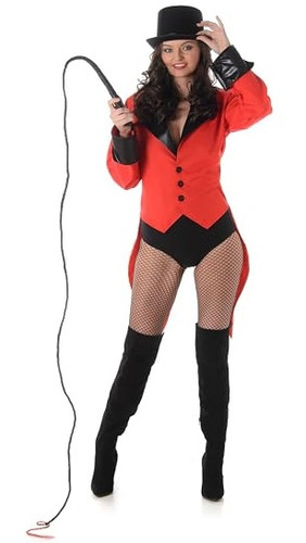 Women's Red & Black Ringmaster Jacket. This red jacket features black cuffs, buttons, and collar. Includes jacket only, other accessories not included. Available in adult sizes X Small, Small, Medium, Large, and X Large.