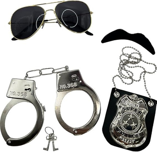Police Costume Accessory Set. This set features a pair of novelty black aviator glasses, prop handcuffs with keys, a black moustache with adhesive, and a silver tone plastic badge (measuring about 2.75in) on a chain necklace. One size fits most adults and teens.