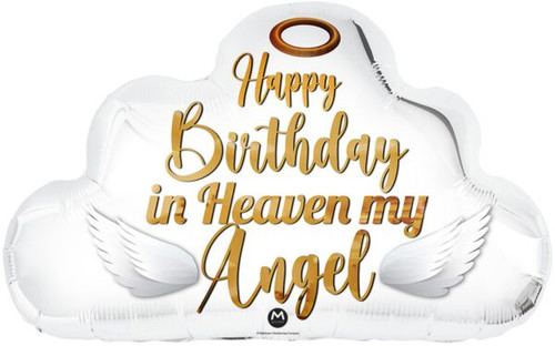 This cloud shaped balloon features the text "Happy Birthday in Heaven my Angel." Balloon is approximately 28 inches after inflation.