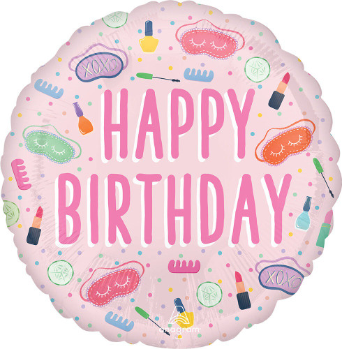 This this light pink circular balloon features "HAPPY BIRTHDAY" in darker pink text, surrounded by colorful icons of spa masks, lipstick, combs, and nail polish, as well as circular confetti. Balloon is approximately 17 inches after inflation.
