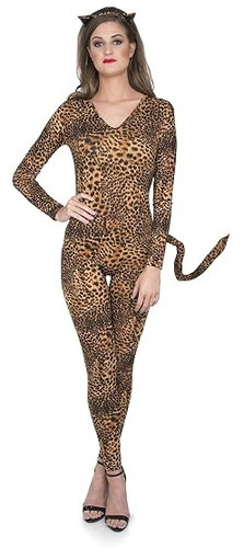 Women's Leopard Print Cat Suit. This all in one polyester cat suit features a realistic leopard print with a zipper in the back, a bendable tail, and a headband with ears. Shoes not included. Available in adult sizes X Small, Small, Medium, Large, and X Large.