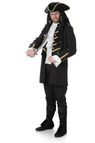Black Sails Pirate Captain Adult. This polyester costume features a black jacket with gold accents, a matching hat with attached black and brown wig with colorful bead accents, a white ruffled collar, and black boot covers. Sword prop, shoes, and trousers not included. Available in adult sizes Small, Medium, Large, X Large, 2X Large, and 3X Large.