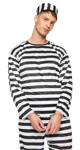 Adult Convict. This polyester costume features a black and white horizontally striped long sleeved top with matching trousers and hat. Handcuff props not included. Available in adult sizes Small (34 - 36), Medium (38 - 40), Large (42 - 44), X Large (46 - 48), 2 X Large (50 - 52), and 3 X Large (52 - 54).