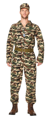 Military Camo Suit. This polyester costume features a camouflage long sleeve jumpsuit with four gold stars by the collar, a matching camo hat, and a green belt. Boots and dog tag necklace not included. Available in adult sizes 2X Large.