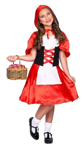 Storybook Red Riding Hood Child. This polyester costume features a dress and hooded cape in the color scheme of red, black, and white. Shoes, socks, and basket prop not included. Available in child sizes Small, Medium, Large, and X Large.
