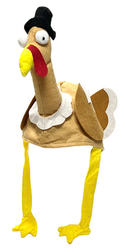 Felt Turkey Hat. This hat features a brightly colored felt turkey with a black pilgrim hat, goofy poof ball eyes, and long yellow legs that dangle at the sides. One size fits most.