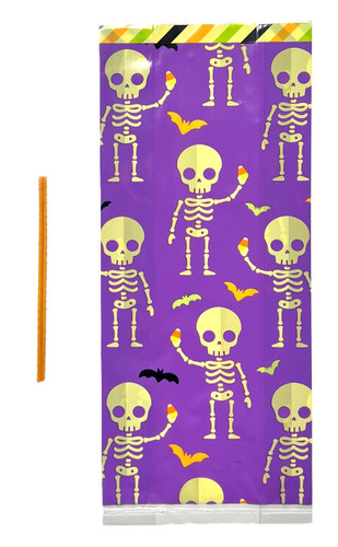 Halloween Skeleton Cello Treat Bags. These cellophane bags feature purple background with a pattern of tiny bats and skeletons holding candy corn, clear on the opposite side. Package includes 20 count bags measuring 4in x 2in x 9.5in with orange twist ties.