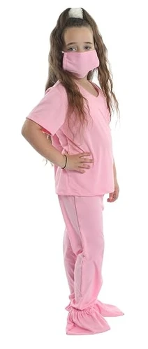 Pink Doctor Scrubs - Child. This polyester costume features a pink top, trousers, face mask, and shoe covers. Not real medical grade scrubs or mask. Available in child sizes Small, Medium, Large, X Large, and 2X Large.