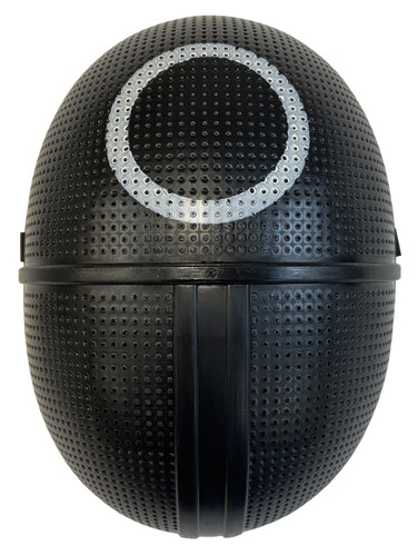 Deadly Game Mask - Circle. This black plastic full face mask features see through mesh design with a white circle symbol and an attached elastic band. One size fits most older teens and adults.