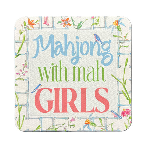 Mahjong with Mah Girls Reversible Paper Coasters. These felt paper disposable coasters with rounded corners have "Mahjong with mah GIRLS" printed in multicolor text surrounded by a floral pattern and a blue grid on one side with the same pattern without text on the opposite side. Package includes 20 count coasters measuring 4in.