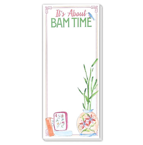 It's About Bam Time Mahjong Skinny Notepad. This white printed paper pad features an orange and pink decorative border and a header with "It's About BAM TIME," accented with Mahjong tiles and a vase. Package includes 1 count pad measuring 3.5in x 8.25in with 40 count sheets.