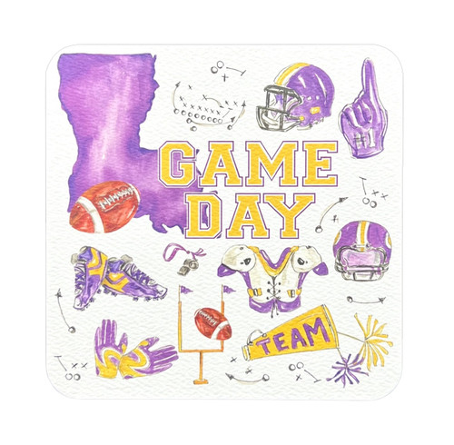 Purple & Gold Game Day Reversible Paper Coasters. These felt paper disposable coasters with rounded corners have "GAME DAY" printed in purple and gold text surrounded by football iconography on one side with a pattern of purple and gold Louisiana silhouettes on the opposite side. Package includes 20 count coasters measuring 4in.