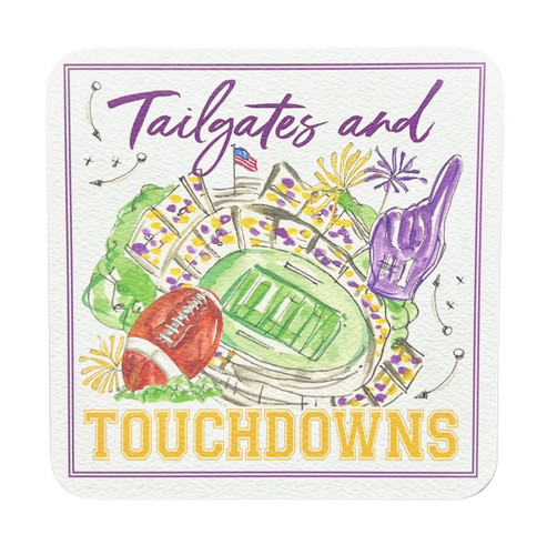 Purple & Gold Tailgates and Touchdowns Reversible Paper Coasters. These felt paper disposable coasters with rounded corners have "Tailgates and TOUCHDOWNS" printed in purple and gold text above and below a bird's eye view of a football stadium on one side with a pattern of purple and gold football iconography on the opposite side. Package includes 20 count coasters measuring 4in.