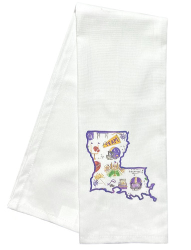 Purple & Gold Louisiana Game Day Kitchen Towel. This white cotton towel features a print of a purple outlined silhouette of Louisiana filled with iconography such as helmets, football, megaphone, and a stadium. Machine washable. Measures 17in x 30in.