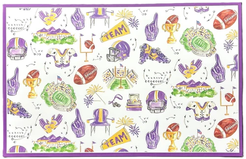 Purple & Gold Tailgate Paper Placemats. These printed, disposable, rectangle paper placemats feature purple and gold football iconography such as helmets, foam fingers, strats, and stadiums. Package includes 20 count placemats measuring 11in.