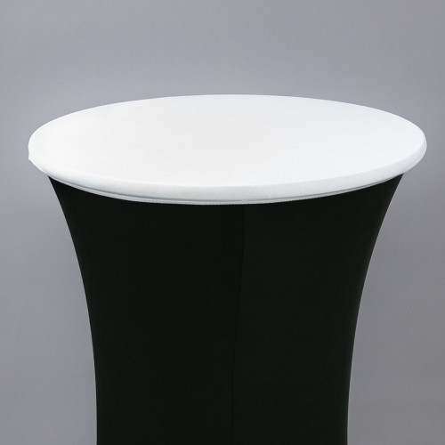White Spandex Round Cocktail Table Topper - 24in. Designed to fit snugly over the top of smaller round cocktail tables, these covers could be used on their own or combined with another color for a variety of occasions and themes. Available in sizes that are ideal for a table 24in in diameter or 31in in diameter by 43in tall. Topper cover only, does not cover legs or stand.