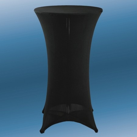 Black Spandex Round Cocktail Tablecover - 24in. Designed to fit snugly over smaller round cocktail tables and their legs, this stretch-fit cover stays in place and creates a stylish silhouette. Available in sizes that are ideal for a table 24in in diameter or 31in in diameter by 43in tall.