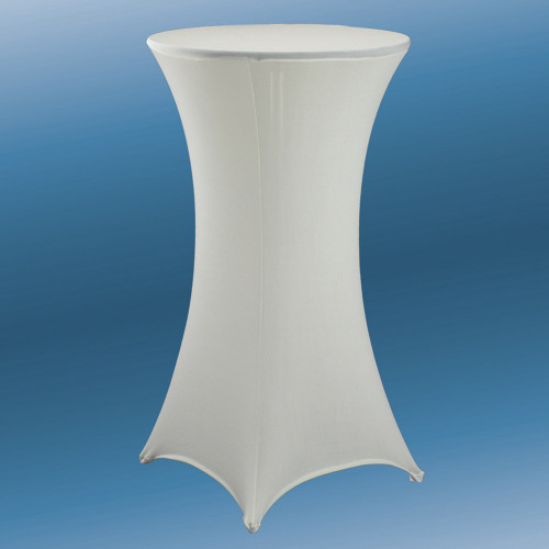 Ivory Spandex Round Cocktail Tablecover - 24in. Designed to fit snugly over smaller round cocktail tables and their legs, this stretch-fit cover stays in place and creates a stylish silhouette. Available in sizes that are ideal for a table 24in in diameter or 31in in diameter by 43in tall.