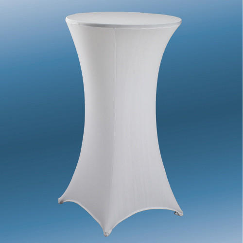 White Spandex Round Cocktail Tablecover - 24in. Designed to fit snugly over smaller round cocktail tables and their legs, this stretch-fit cover stays in place and creates a stylish silhouette. Available in sizes that are ideal for a table 24in in diameter or 31in in diameter by 43in tall.