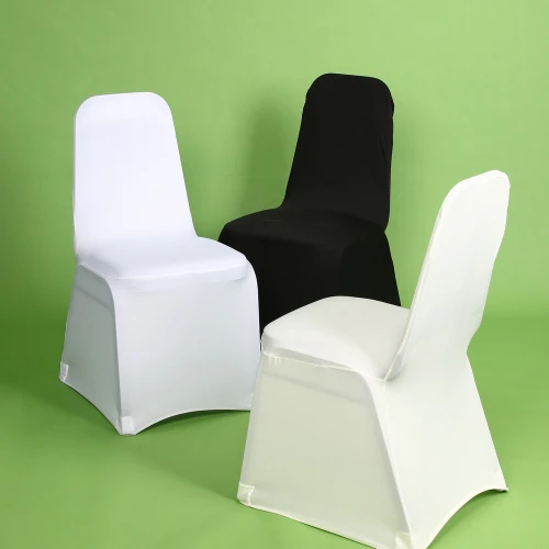 White Spandex Banquet Chair Cover. Package includes 1 cover, one size fits most standard banquet chairs.