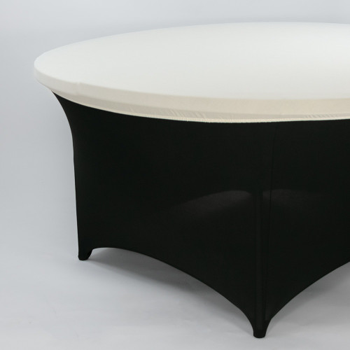 Ivory Spandex Round Tablecover Topper - 60in. Designed to fit snugly over the top of standard round tables, this stretch-fit cover stays in place. Perfect for weddings, banquets, birthdays, and other special occasions. Available in 60in or 72in. Ivory topper only, does not cover table legs.