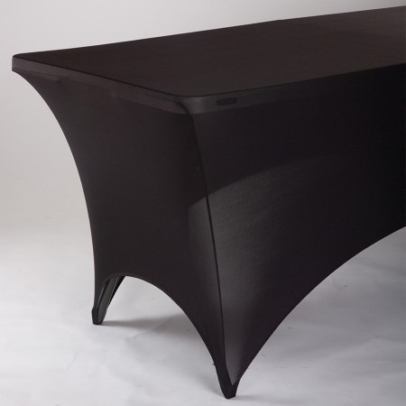 Black Spandex Rectangular Tablecover - 6ft. Designed to fit snugly over standard rectangular tables and their legs, this stretch-fit cover stays in place and creates a stylish silhouette. Perfect for weddings, banquets, birthdays, and other special occasions. Available in 6ft or 8ft.
