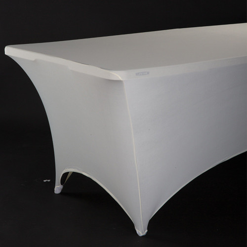 Ivory Spandex Rectangular Tablecover - 6ft. Designed to fit snugly over standard rectangular tables and their legs, this stretch-fit cover stays in place and creates a stylish silhouette. Perfect for weddings, banquets, birthdays, and other special occasions. Available in 6ft or 8ft.