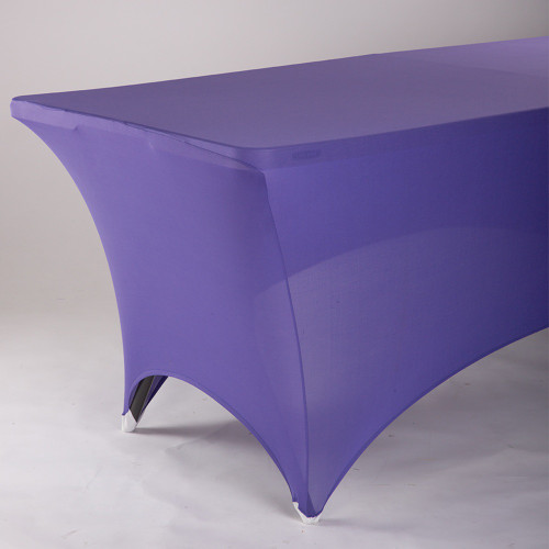 Purple Spandex Rectangular Tablecover. Designed to fit snugly over standard rectangular tables and their legs, this stretch-fit cover stays in place and creates a stylish silhouette. Perfect for weddings, banquets, birthdays, and other special occasions. Available in 6ft.