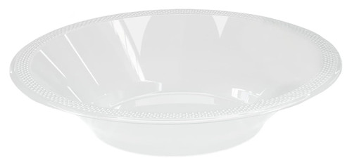Clear Plastic Bowls. These disposable but durable clear plastic bowls have a decorative bumpy trim. Package includes 100 count 12oz bowls measuring about 6.75in in diameter.