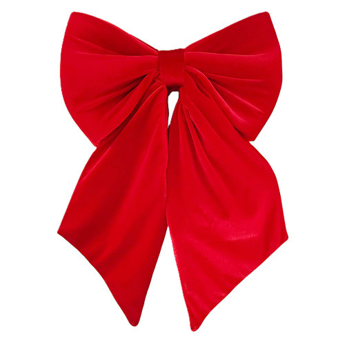 Giant Red Velvet Bow. This large red velvet bow is reinforced with soft foam for a full and plush shape. For indoor use only. Hanging implement not included. Measures 20in x 12in with 24in tails.